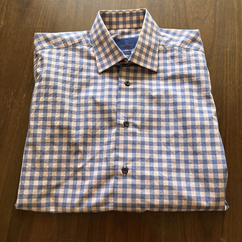David Donahue Mens 16-34/35 Check Plaid Trim Fit Pink Blue Dress Button OCBD